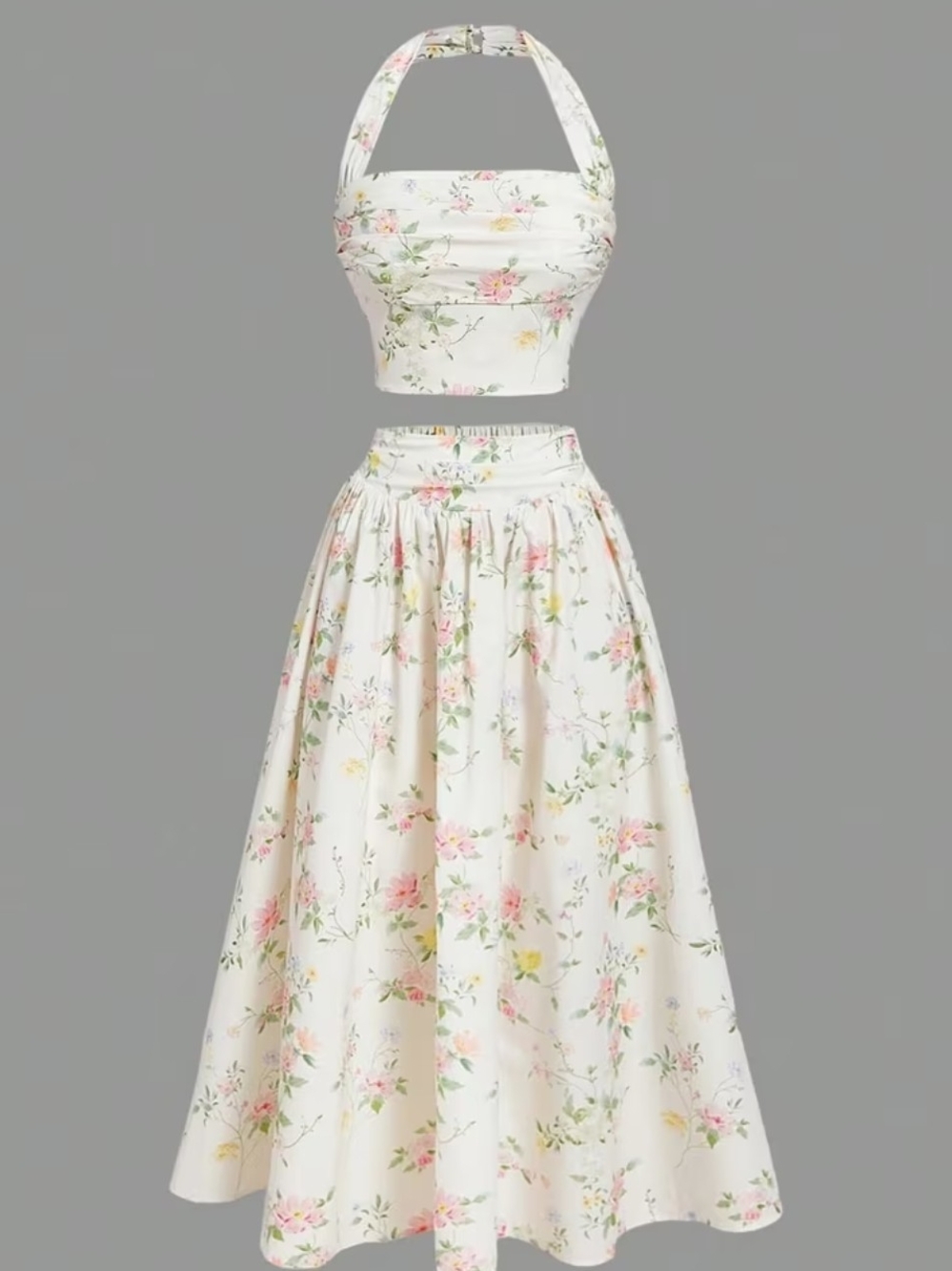 Floral Halter Crop Top & Midi Skirt Set - White with Pink Floral
